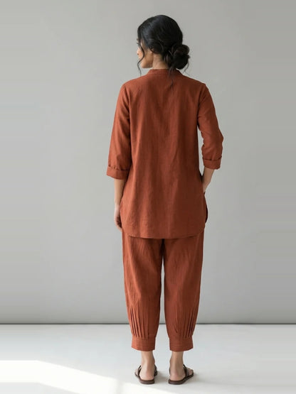 Terracotta Ease – Rust Cotton Linen Slub Co-ord Set – full-length back view