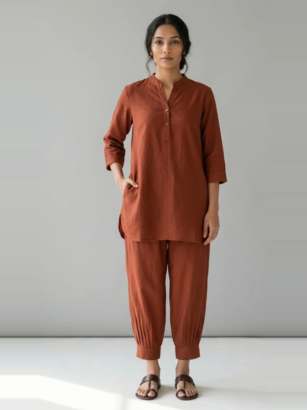 Terracotta Ease – Rust Cotton Linen Slub Co-ord Set – full-length front view