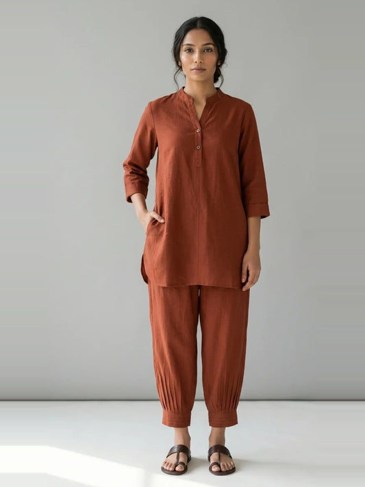Terracotta Ease – Rust Cotton Linen Slub Co-ord Set – full-length front view