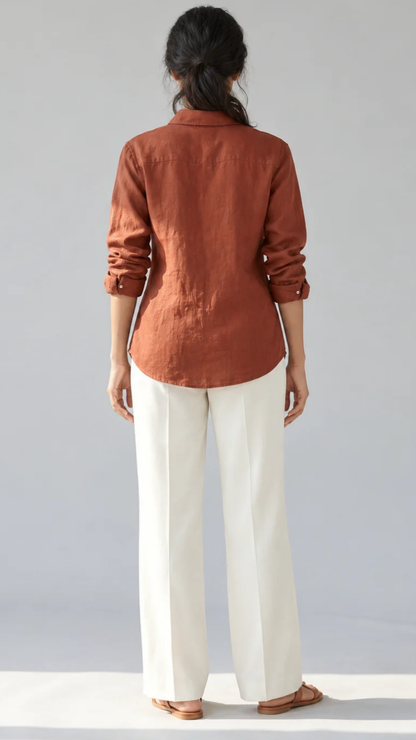 Terracotta Meadow rust cotton linen slub embroidered shirt – back view