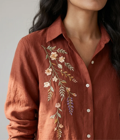 Terracotta Meadow rust cotton linen slub embroidered shirt – detail view