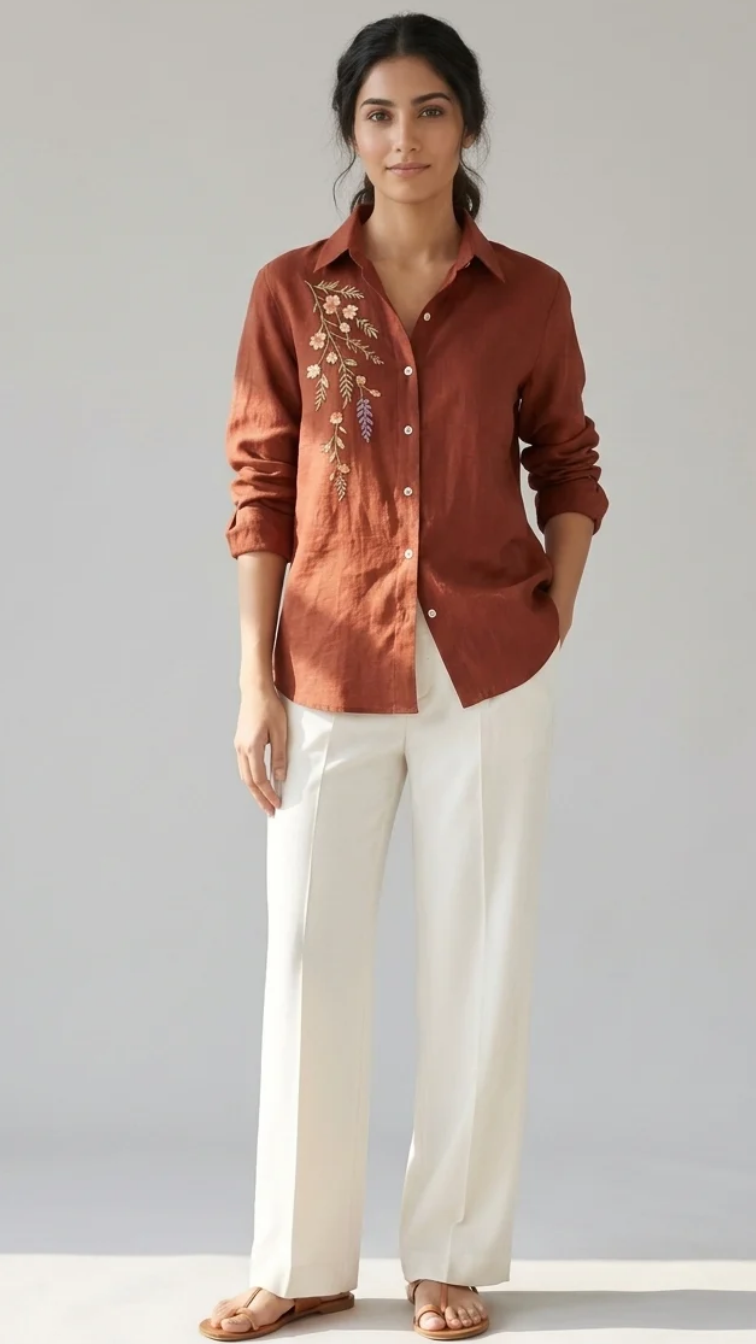 Terracotta Meadow rust cotton linen slub embroidered shirt – front view