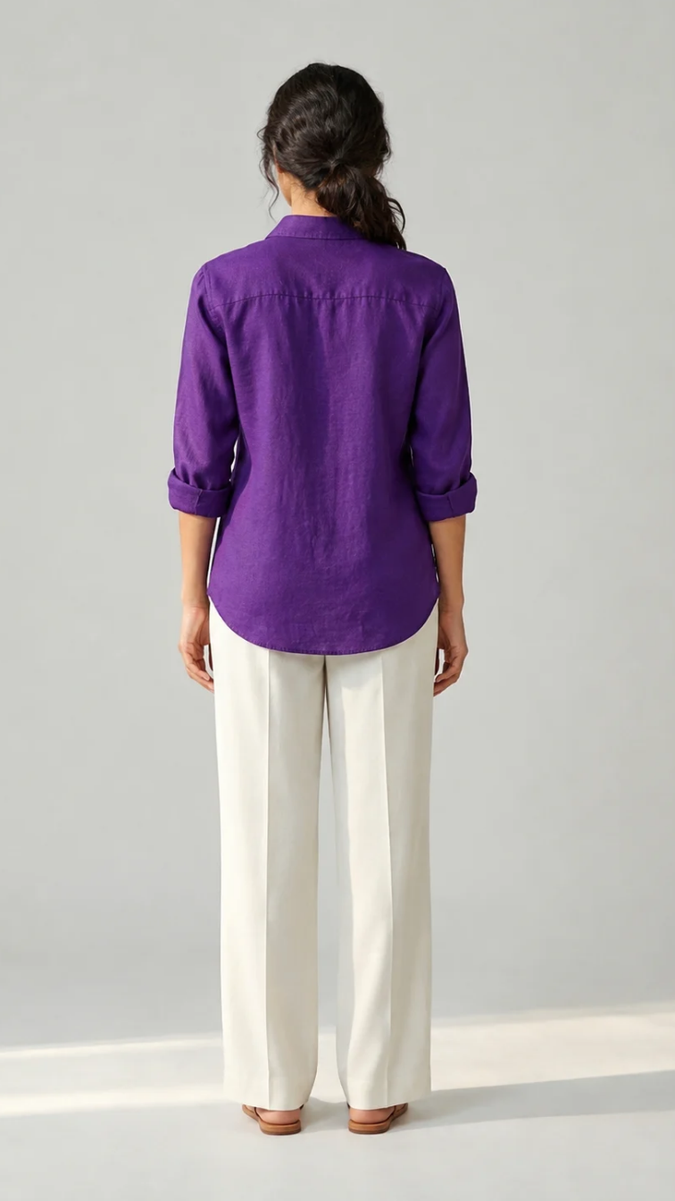 Violet Honey purple cotton linen slub shirt with bee and honeycomb embroidery – back view