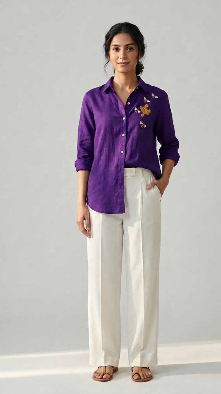 Violet Honey purple cotton linen slub shirt with bee and honeycomb embroidery – front view