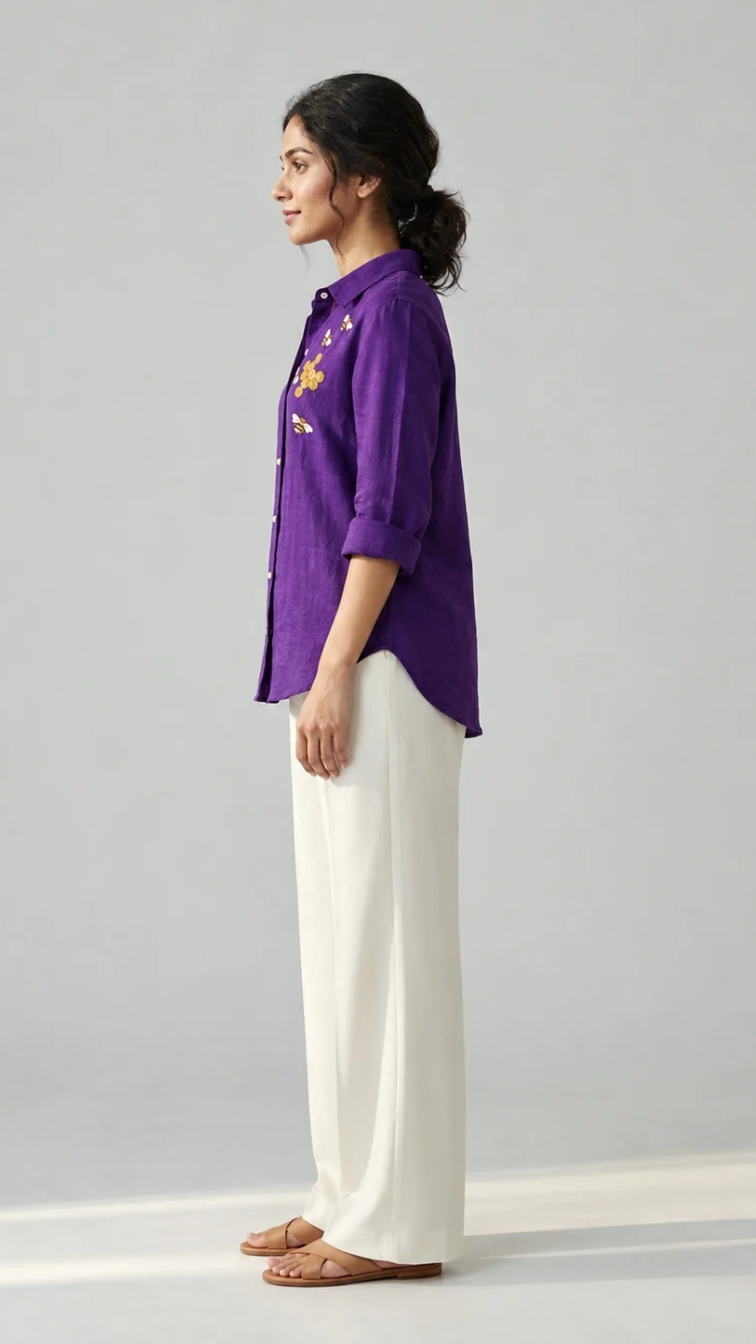 Violet Honey purple cotton linen slub shirt with bee and honeycomb embroidery – side view