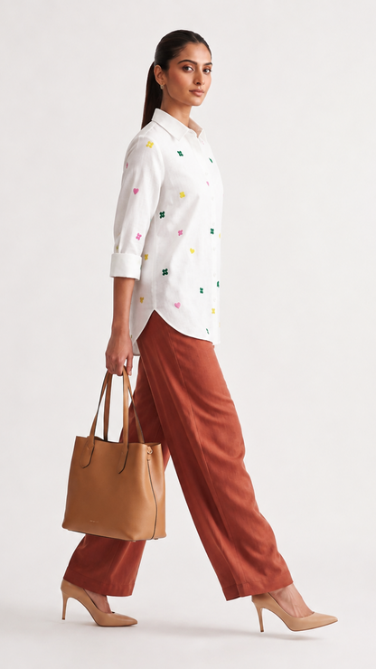 Ivory Posy Embroidered Cotton Linen Shirt