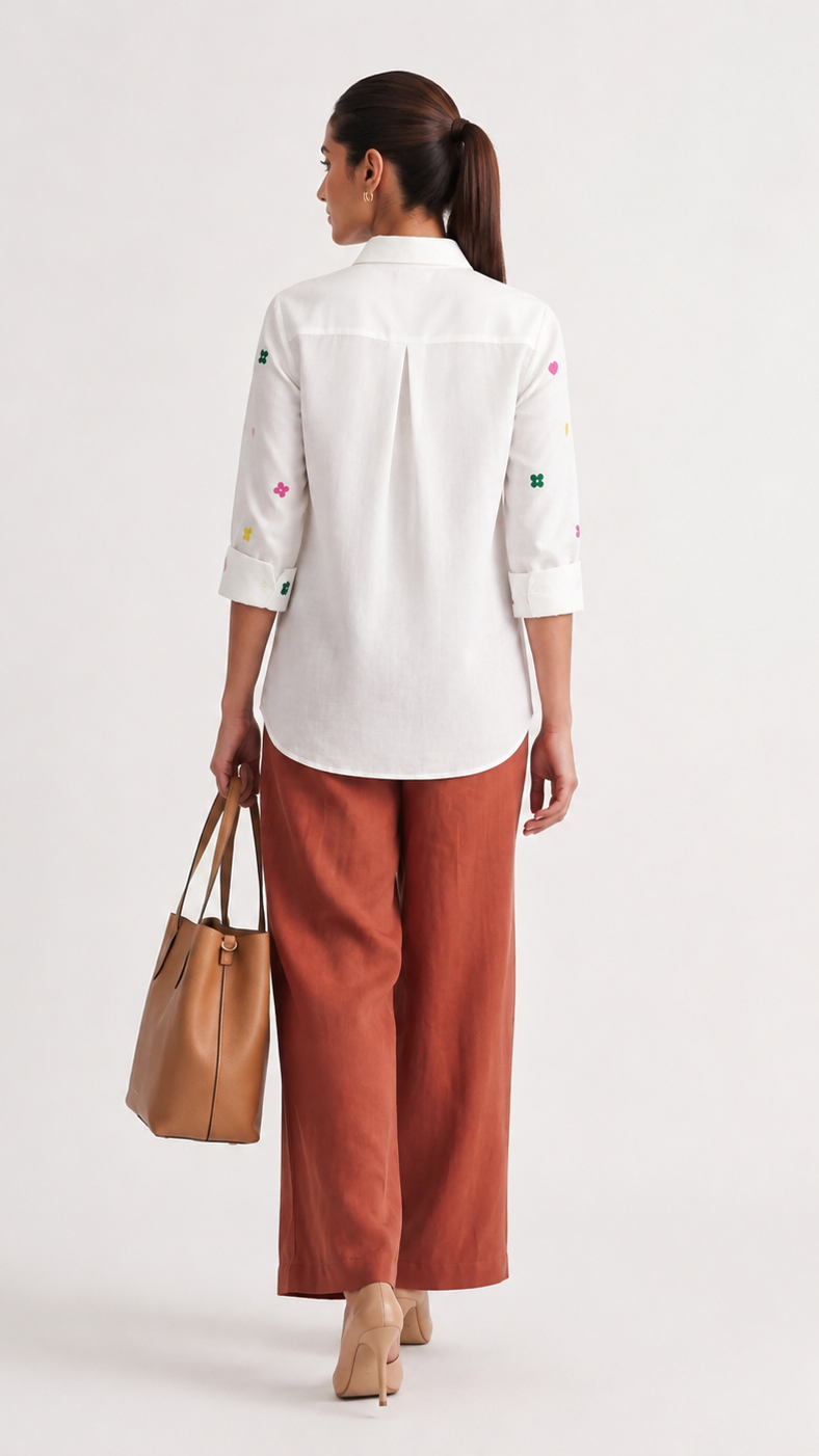 Ivory Posy Embroidered Cotton Linen Shirt