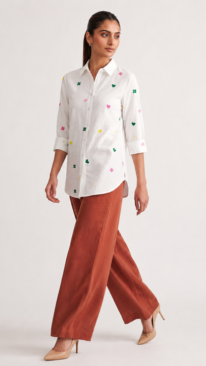Ivory Posy Embroidered Cotton Linen Shirt