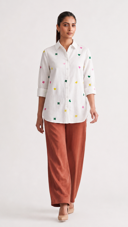 Ivory Posy Embroidered Cotton Linen Shirt
