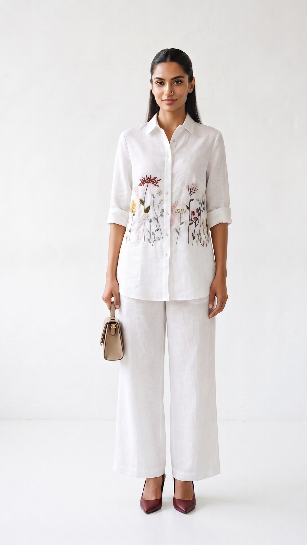 Ivory Bloom Embroidered Co-ord Set | Cotton Linen Shirt & Elasticated Waist Pants