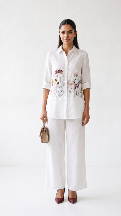 Ivory Bloom Embroidered Co-ord Set | Cotton Linen Shirt & Elasticated Waist Pants