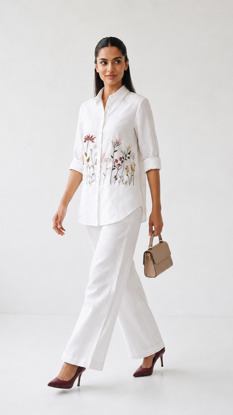 Ivory Bloom Embroidered Co-ord Set | Cotton Linen Shirt & Elasticated Waist Pants