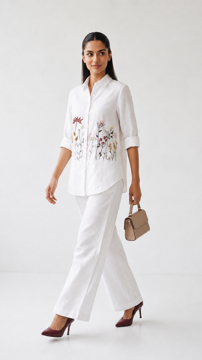Ivory Bloom Embroidered Co-ord Set | Cotton Linen Shirt & Elasticated Waist Pants