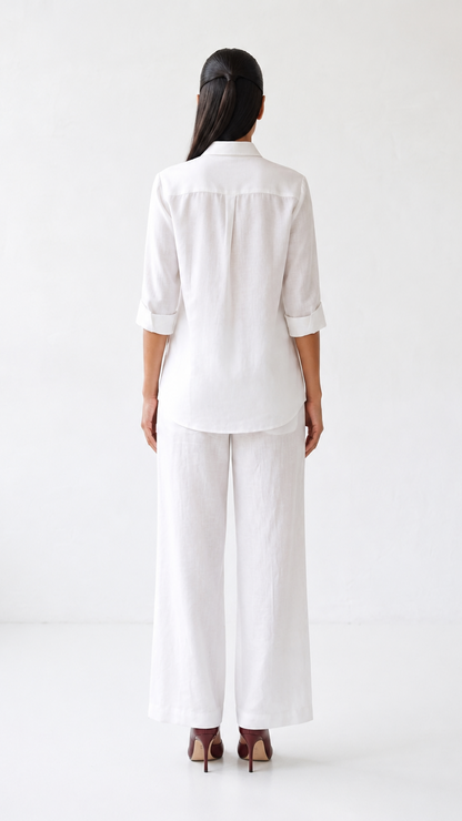 Ivory Bloom Embroidered Co-ord Set | Cotton Linen Shirt & Elasticated Waist Pants