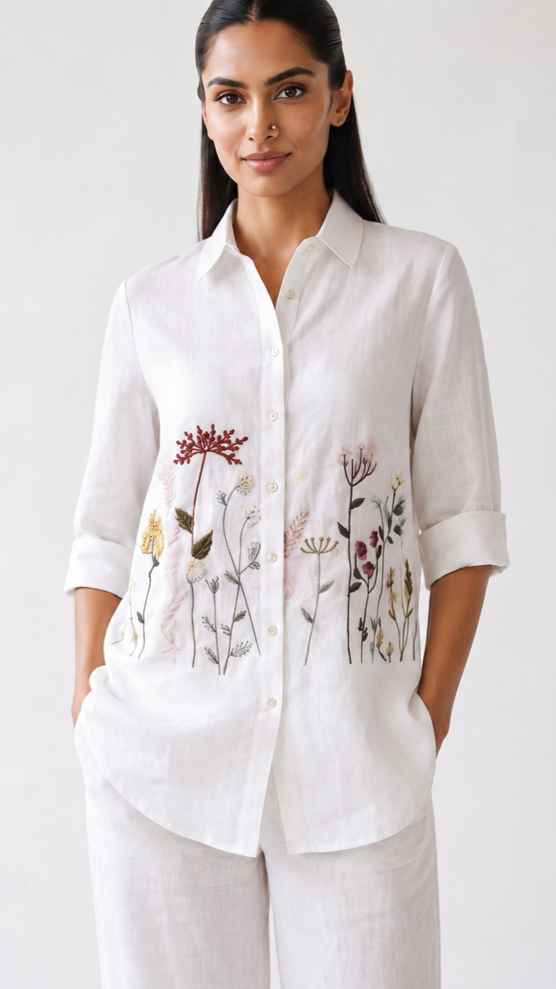Ivory Bloom Embroidered Co-ord Set | Cotton Linen Shirt & Elasticated Waist Pants