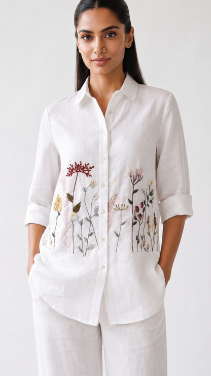 Ivory Bloom Embroidered Co-ord Set | Cotton Linen Shirt & Elasticated Waist Pants