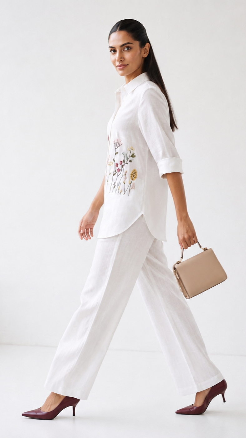 Ivory Bloom Embroidered Co-ord Set | Cotton Linen Shirt & Elasticated Waist Pants