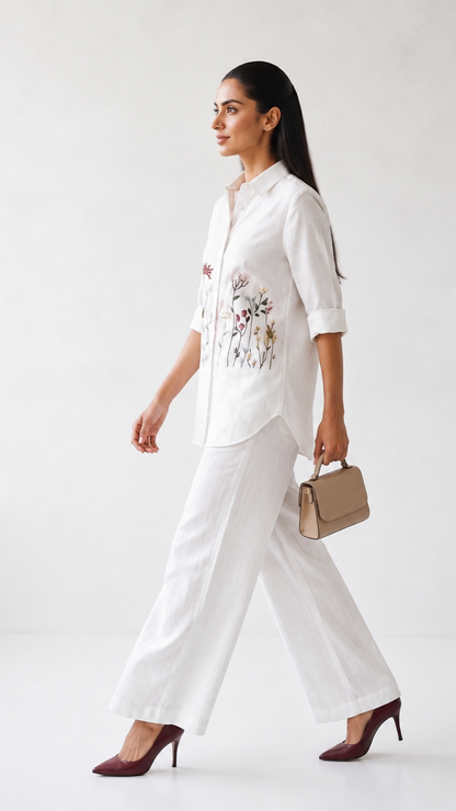 Ivory Bloom Embroidered Co-ord Set | Cotton Linen Shirt & Elasticated Waist Pants