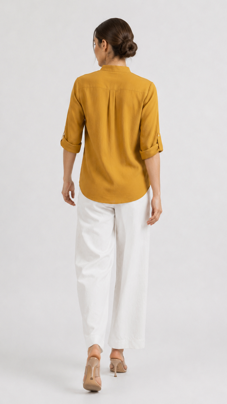Mustard Bloom Embroidered Mandarin Collar Shirt