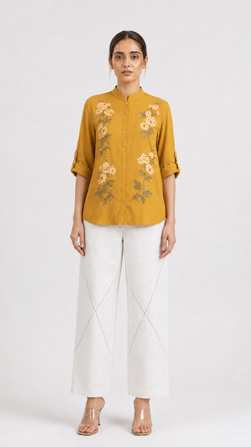 Mustard Bloom Embroidered Mandarin Collar Shirt