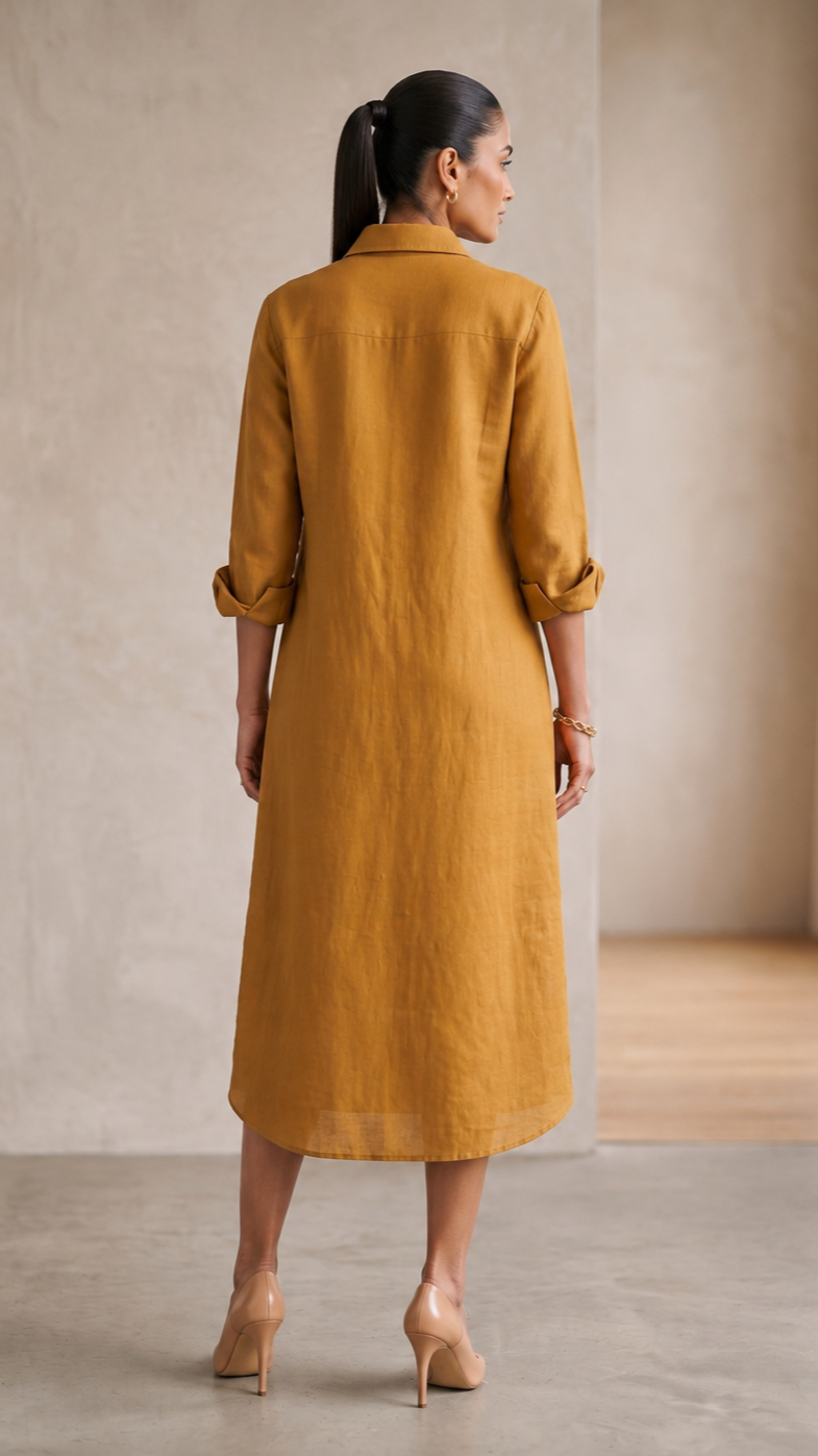 Daisy Bloom Cotton linen Shirt Dress — Mustard Yellow