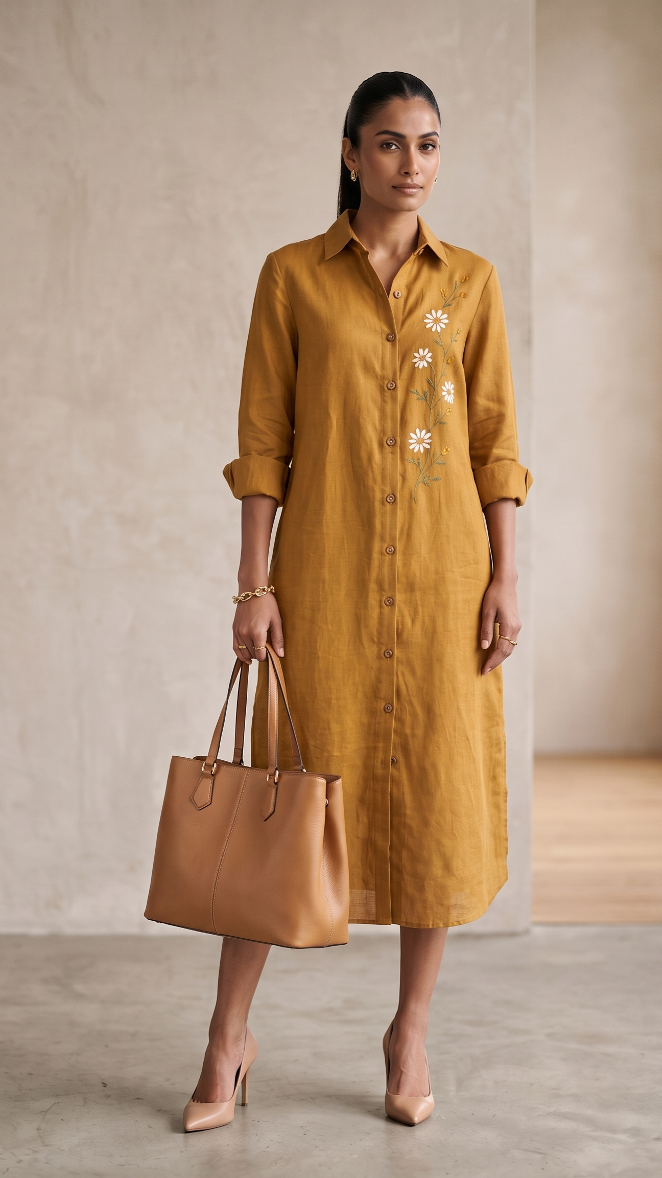 Daisy Bloom Cotton linen Shirt Dress — Mustard Yellow