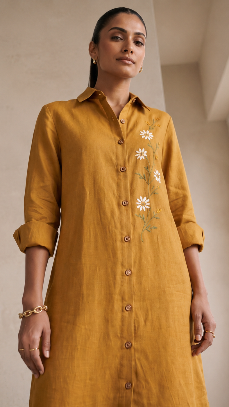 Daisy Bloom Cotton linen Shirt Dress — Mustard Yellow