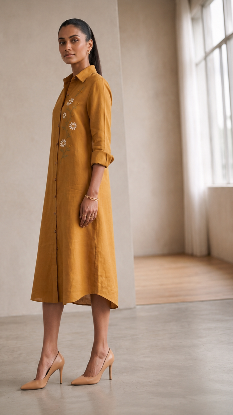 Daisy Bloom Cotton linen Shirt Dress — Mustard Yellow