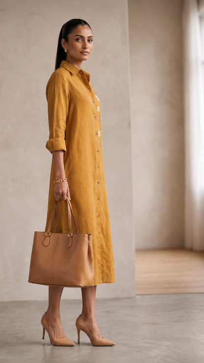 Daisy Bloom Cotton linen Shirt Dress — Mustard Yellow