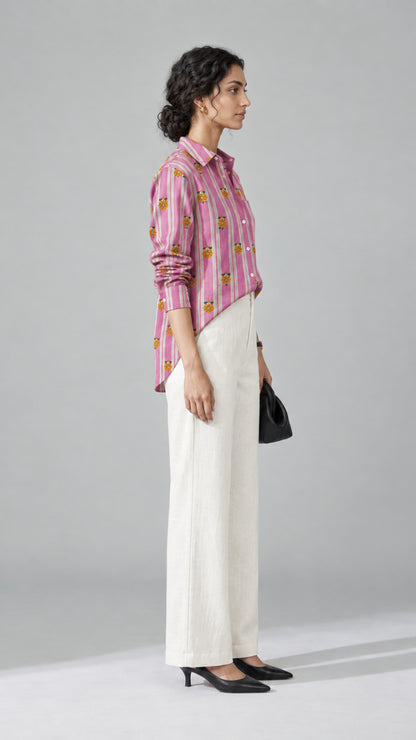 Yellow Flower Print cotton shirt, three-quarter view showing the curved shirt-tail hem