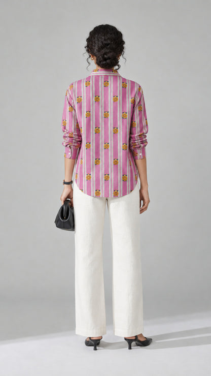 Yellow Flower Print cotton shirt, back view showing the pink stripe and floral motif