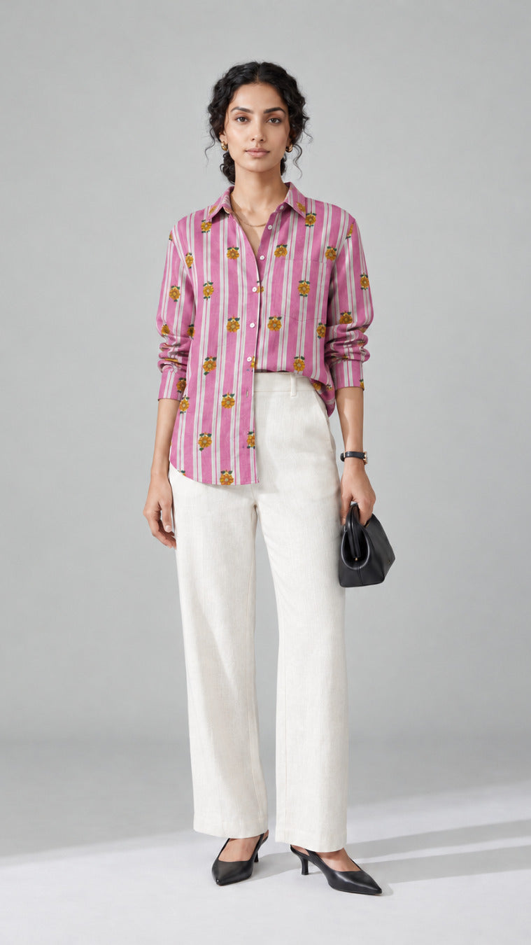 Woman wearing the pink stripe Yellow Flower Print cotton shirt, front view